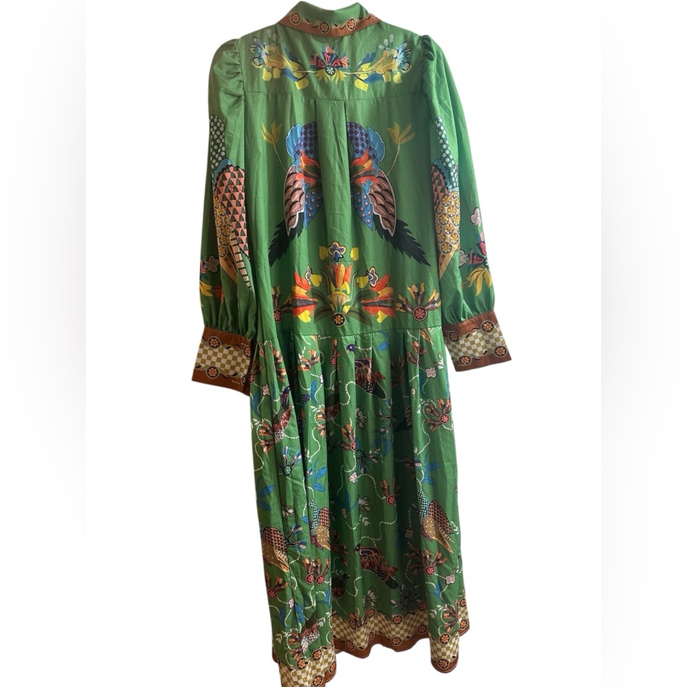 Green Long Sleeve Dress with Bird Motif